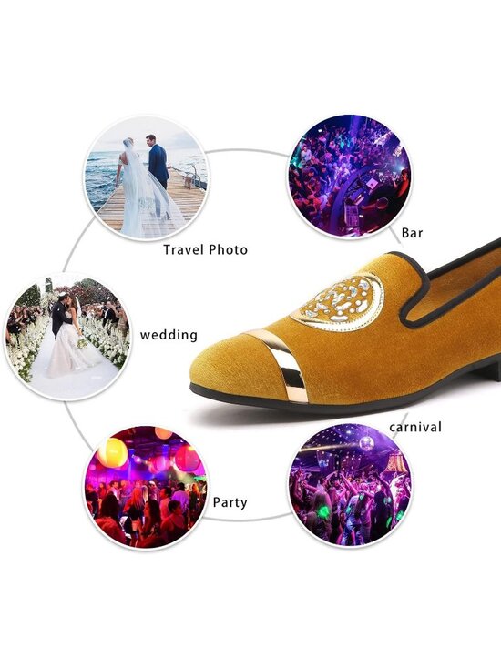 XQWFH Men\'s Yellow Leather Velvet Loafers With Gold Plate Smoking Slip On Shoes main image 6